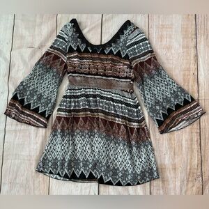 Alya Dress Women's Medium Multi Boho Aztec Bell Sleeve Beaded Scoop Neck